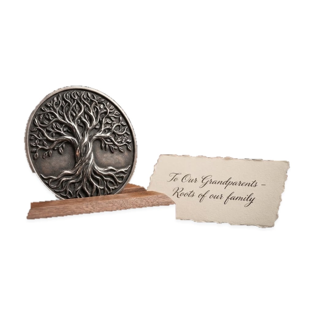 The Family Legacy Medallion & Walnut Stand: Antique Relief Sterling Silver Family Tree Heirloom
