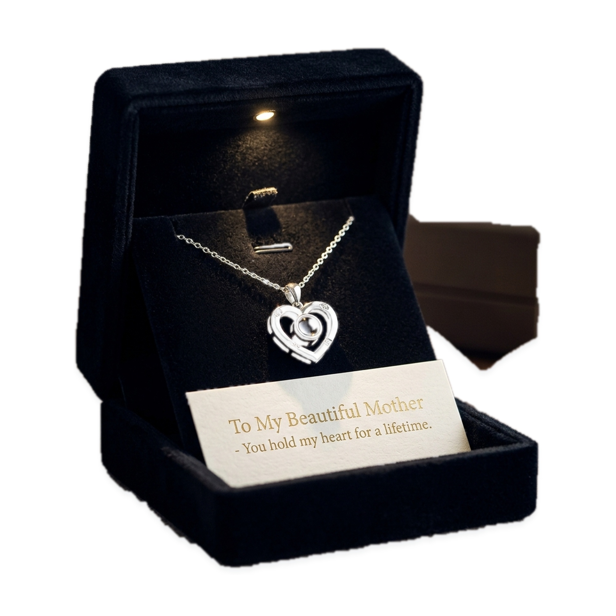 Personalized Heart Photo Projection Keepsake Necklace in Illuminated LED Velvet Presentation Box