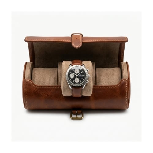 The Master Chrono Watch Roll & Valet: Handcrafted Full-Grain Italian Leather with Engraved Brass Plaque