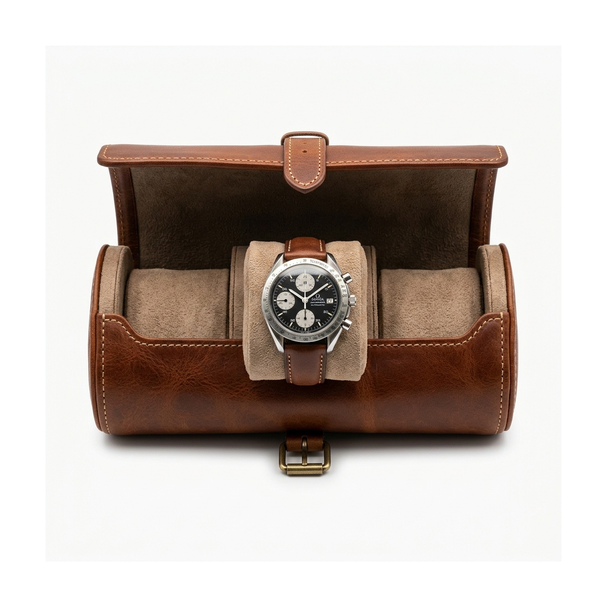 The Master Chrono Watch Roll & Valet: Handcrafted Full-Grain Italian Leather with Engraved Brass Plaque