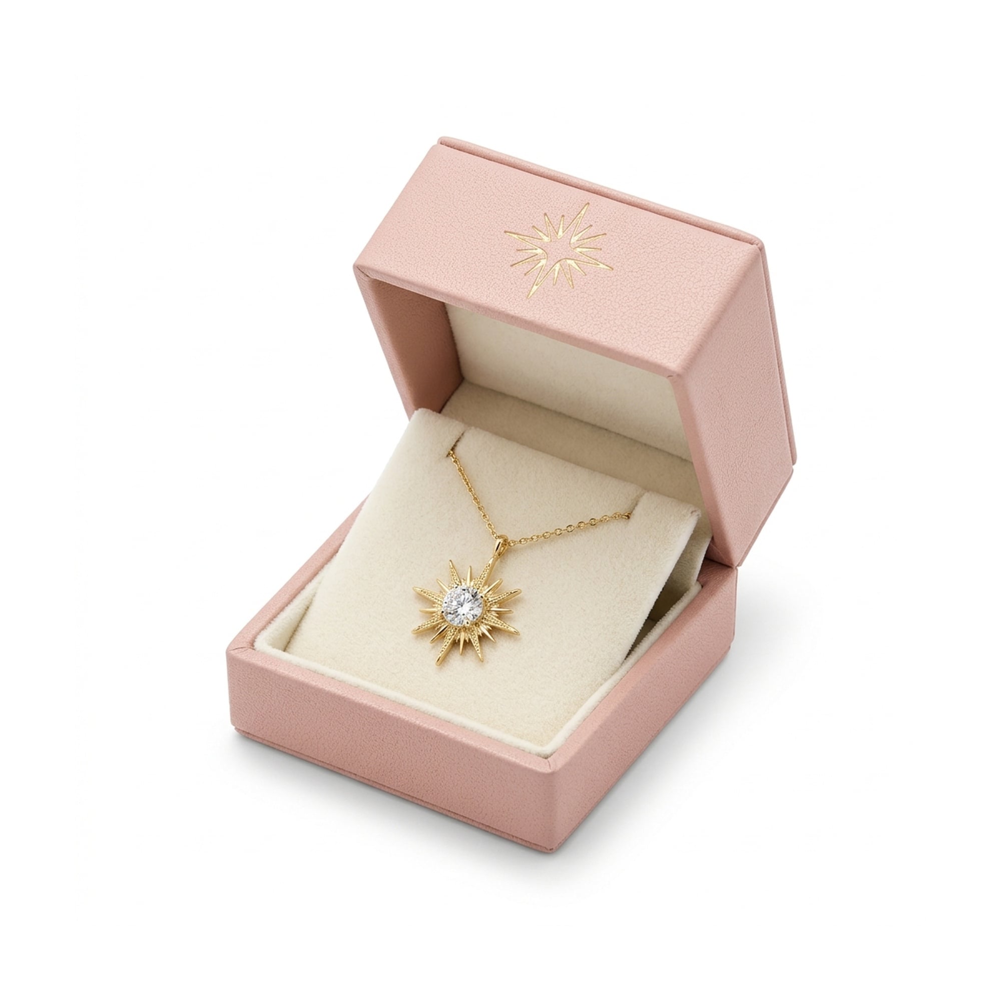 north-star-diamondburst-pendant-box-hero The North Star Diamondburst: Dainty 14K Solid Gold Vermeil Starburst Pendant Necklace
