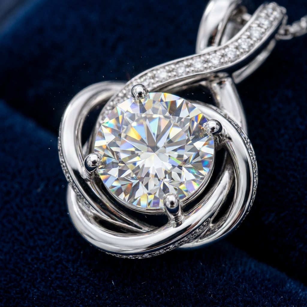Extreme macro photography of 1.5ct brilliant round cut moissanite diamond 58 facet rainbow fire dispersion and white gold setting