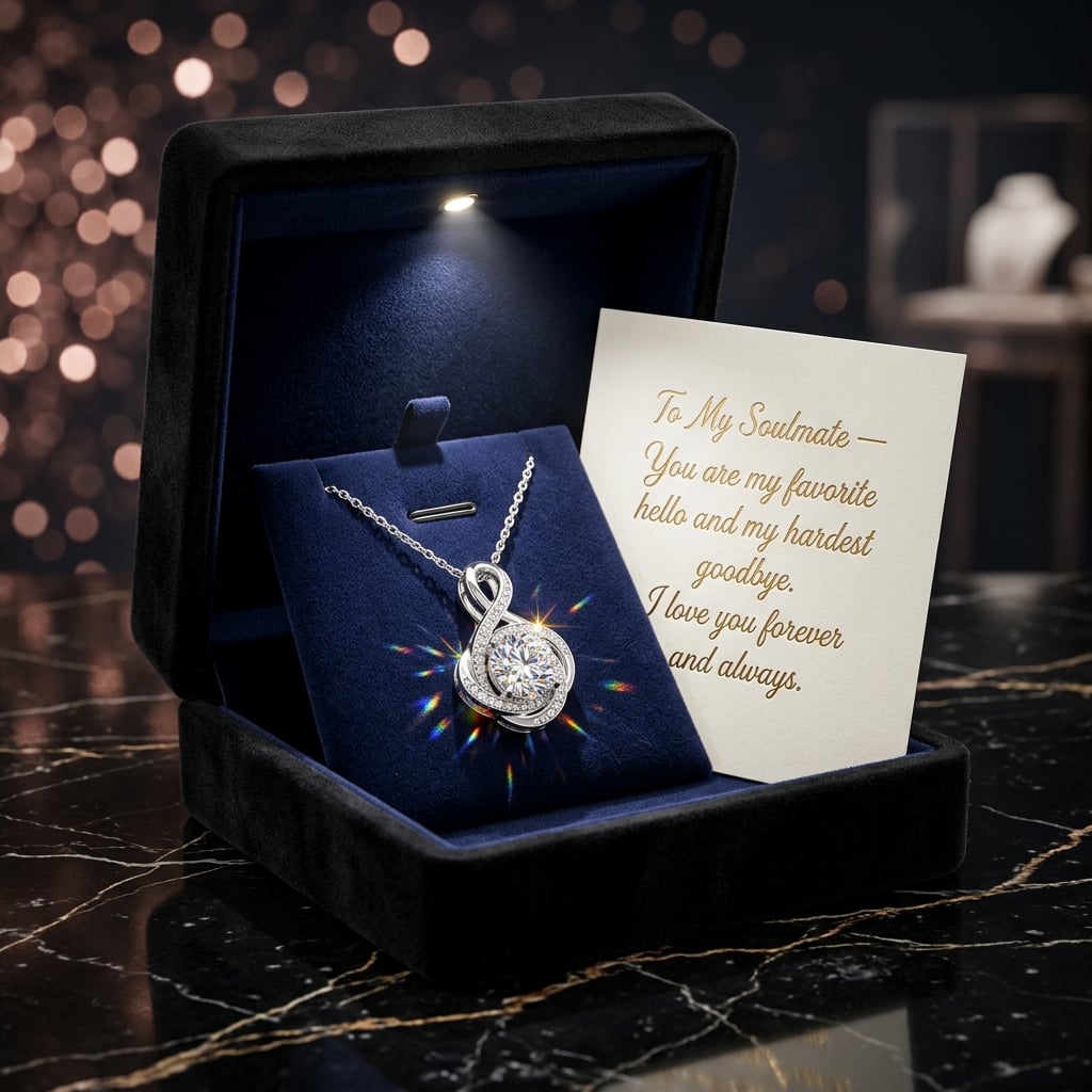 The Infinity Bond 14K White Gold Interlocking Love Knot Moissanite Pendant in Luxury LED Illuminated Box with Gold Foil Soulmate Card